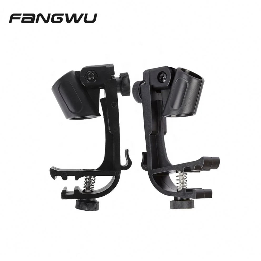 Black plastic microphone clip holders with adjustable spring-loaded clamps and knurled knobs for tom drum holder accessories music manufacturer screw tom