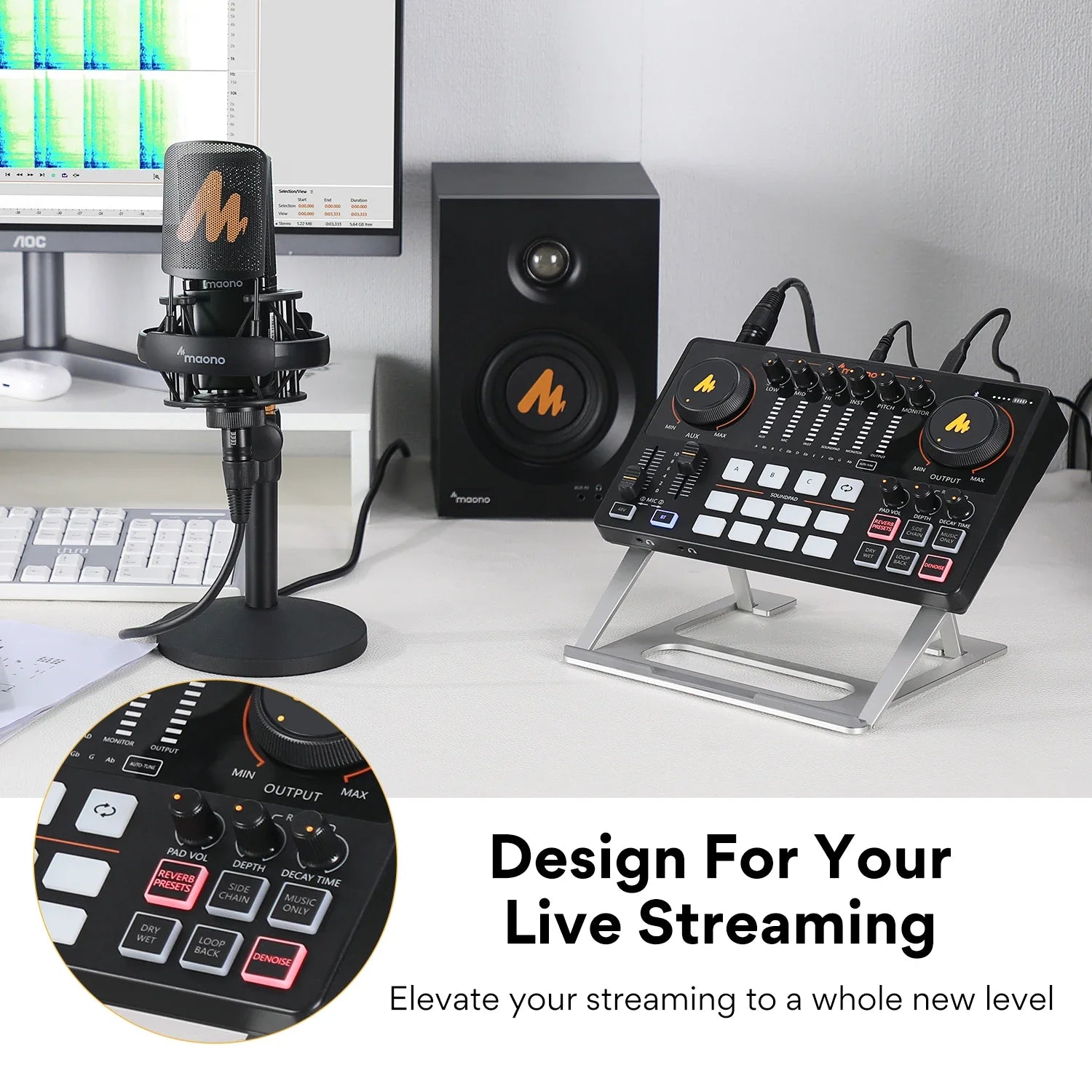 Black maono ame2 audio interface card dj mixer with silver metal stand and orange logo accents for portable podcast studio