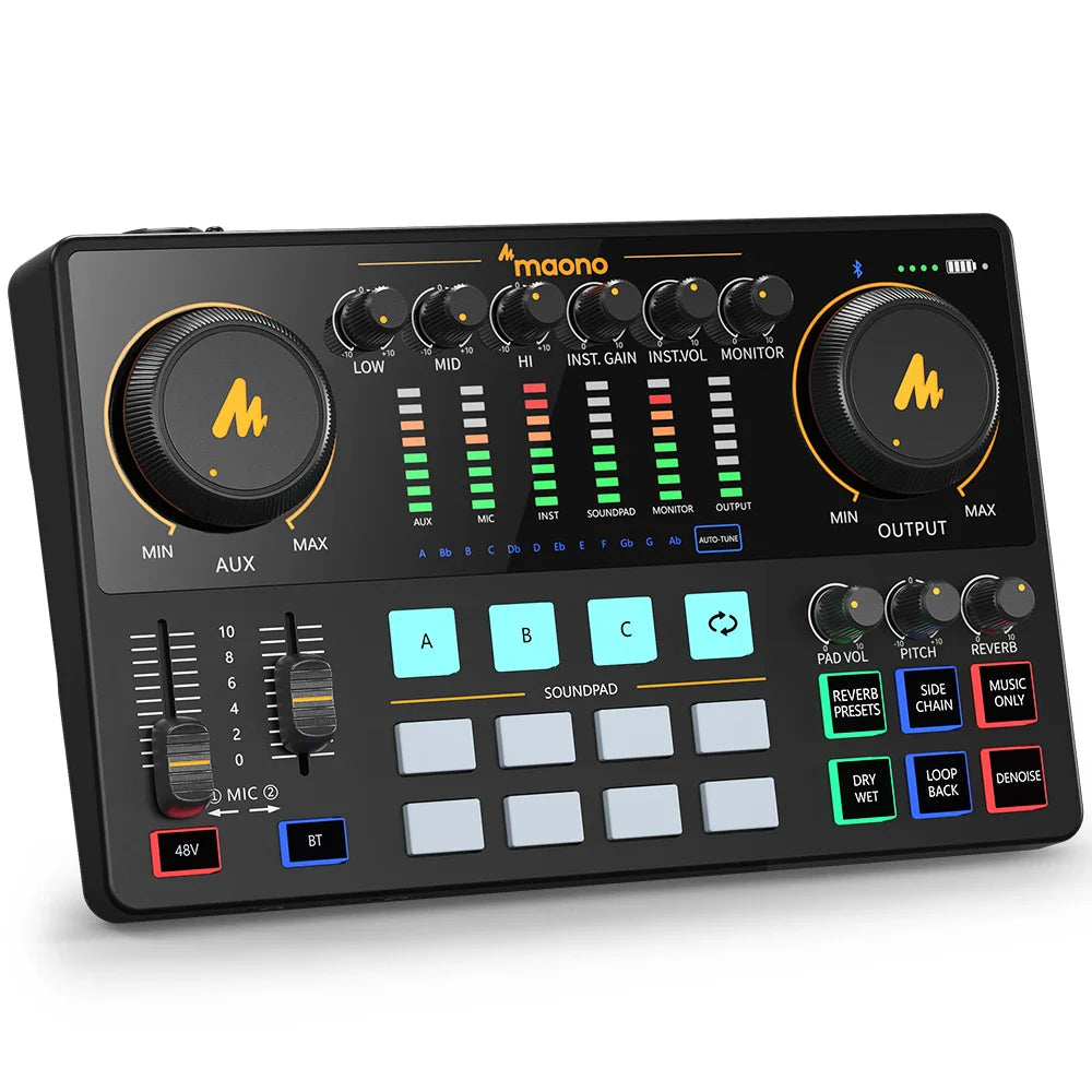 Black maono ame2 audio interface card dj mixer with gold knobs and colorful LED for portable podcast studio use