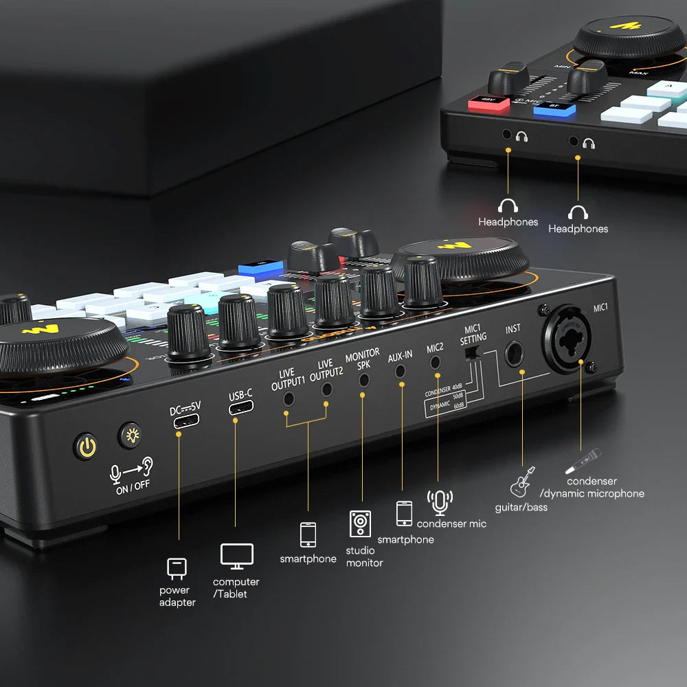 Black maono ame2 audio interface card dj mixer with knobs and ports for portable podcast studio recording and streaming