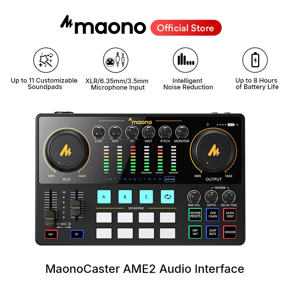 Black maono ame2 portable podcast studio audio interface with gold-accented knobs and illuminated control buttons