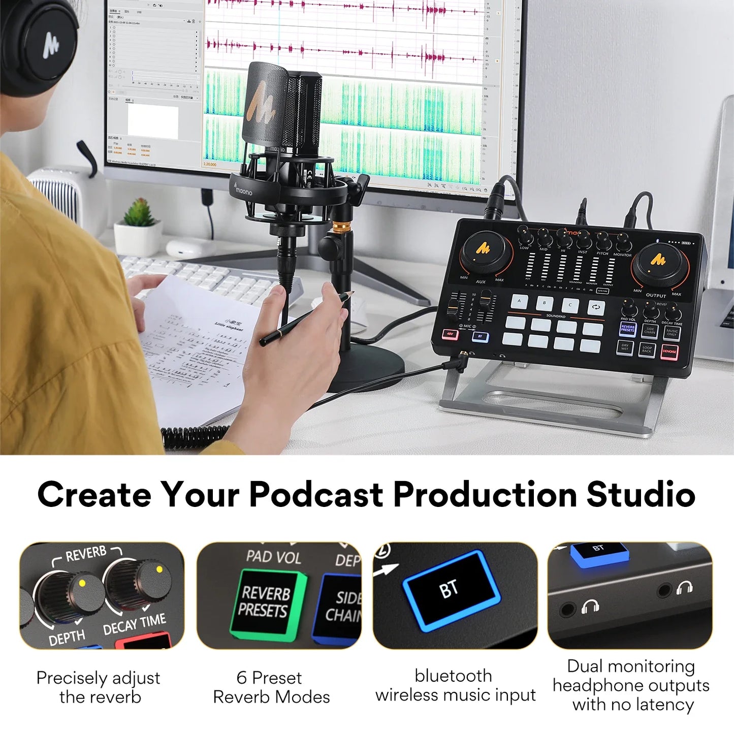 Black maono ame2 portable podcast studio card dj mixer with dual monitoring headphone outputs and bluetooth input