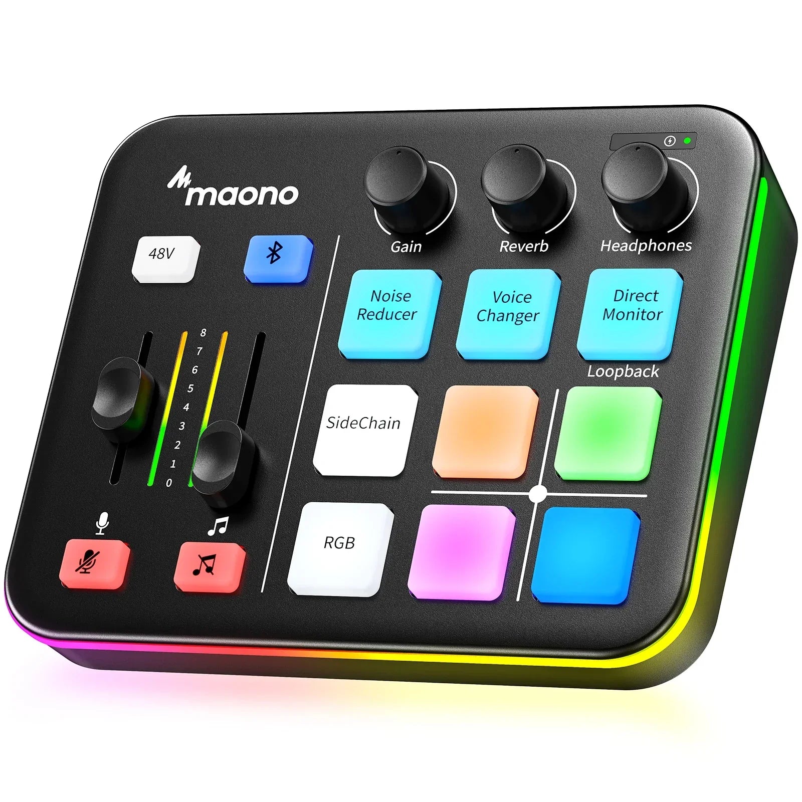 Black maono g1 neo gaming audio mixer with colorful illuminated effects rgb streaming buttons for podcast and game voice