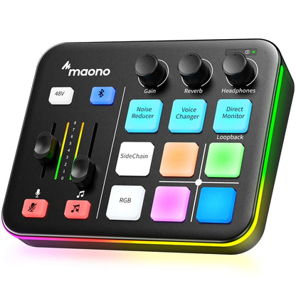 Black maono g1 neo gaming audio mixer with colorful illuminated buttons and knobs for effects rgb streaming