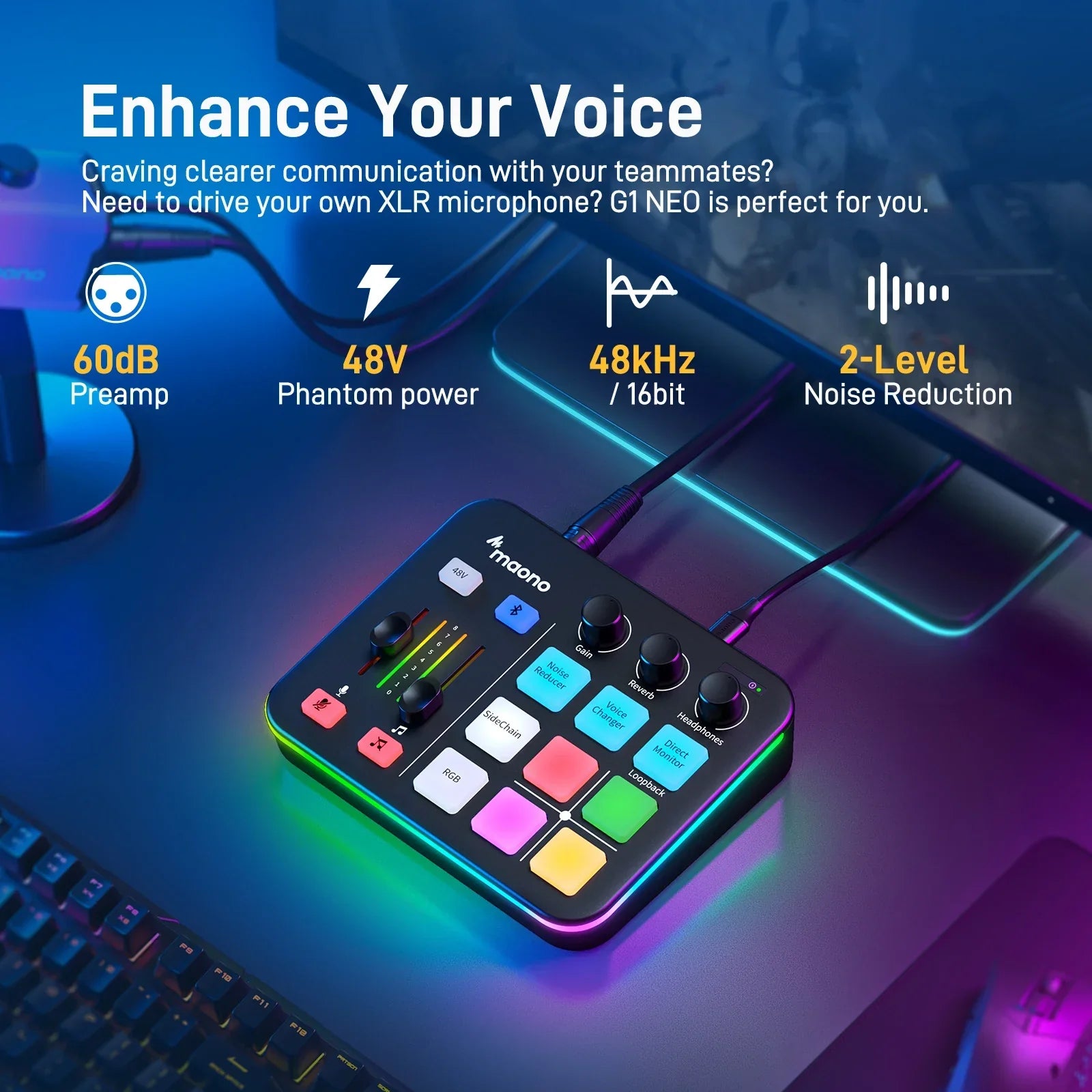 Black maono g1 neo gaming audio mixer with colorful illuminated buttons and effects rgb streaming for podcast and game voice