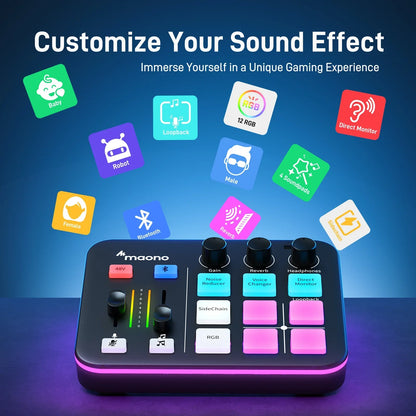 Black maono g1 neo gaming audio mixer with glowing purple led lights and colorful buttons for effects rgb streaming customization