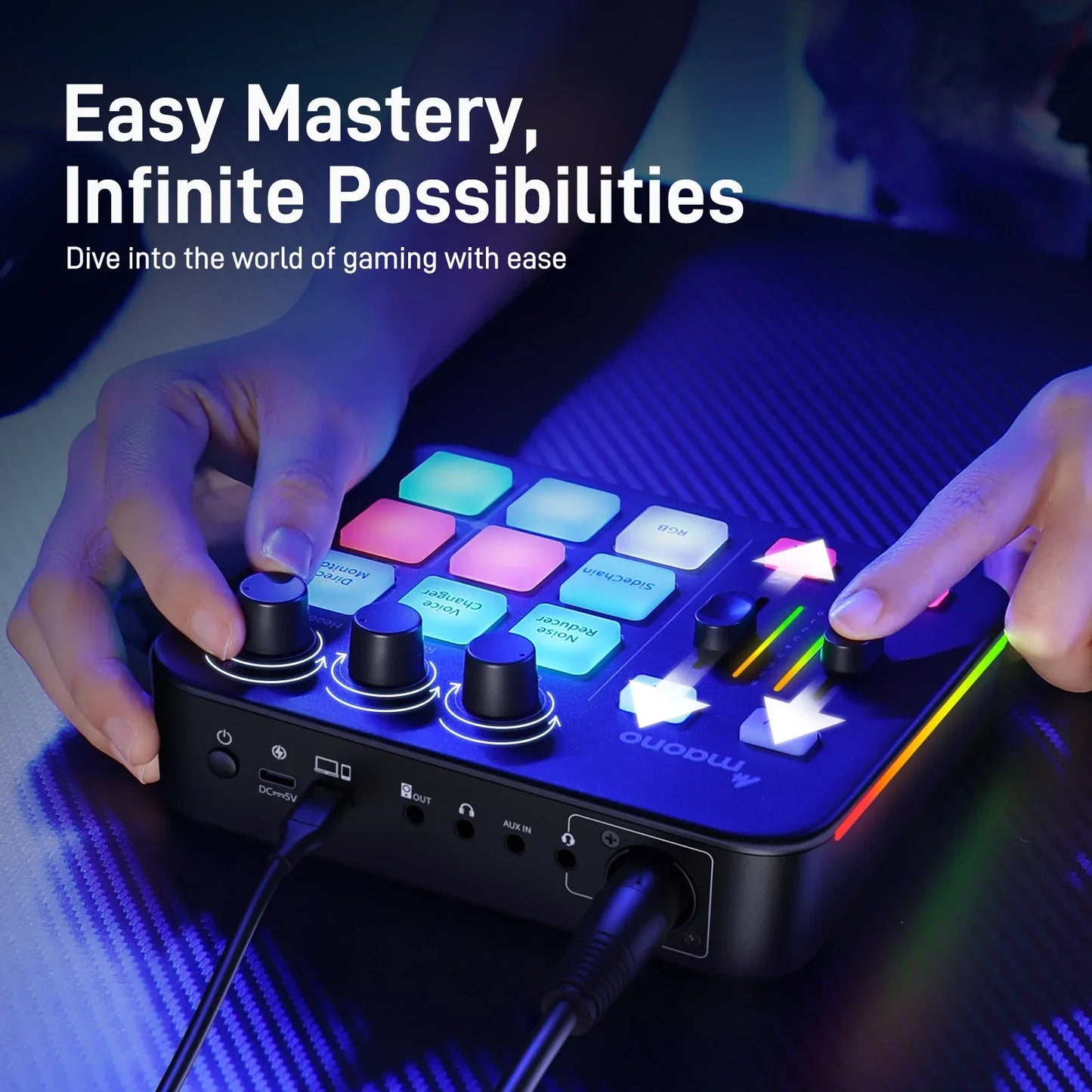Black maono g1 neo gaming audio mixer with colorful effects rgb streaming buttons and knobs for podcast and game voice