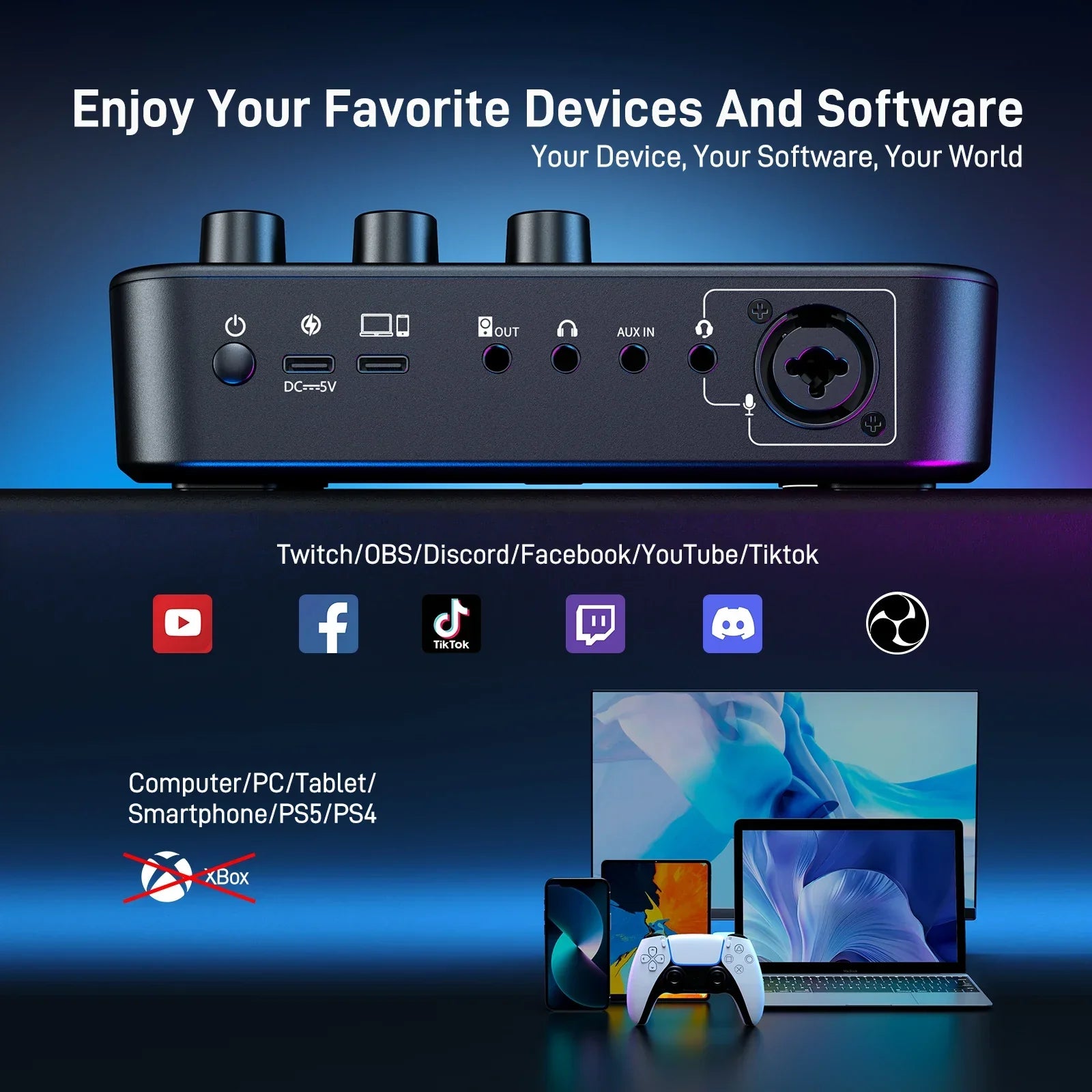 Black rectangular maono g1 neo gaming audio mixer with multiple ports knobs effects rgb streaming for game voice podcast