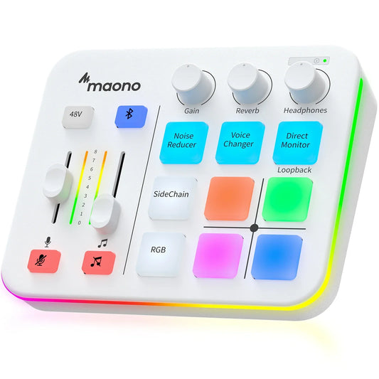 White maono g1 neo gaming audio mixer with colorful illuminated buttons and knobs for effects rgb streaming and voice control