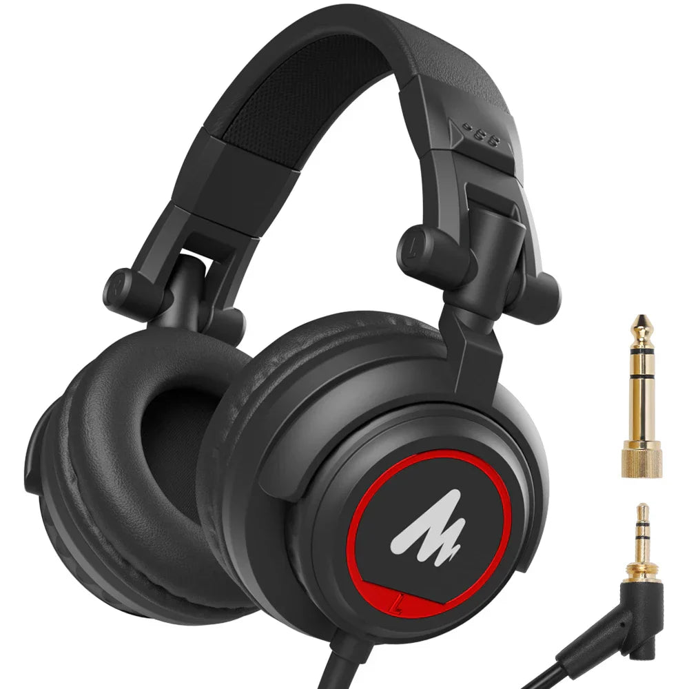 Black maono mh601 professional studio monitor headphones with red logo, padded headband, and detachable plug and cable