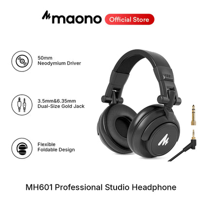 Black maono mh601 professional studio monitor headphones with 50mm drivers, detachable plug, and foldable design