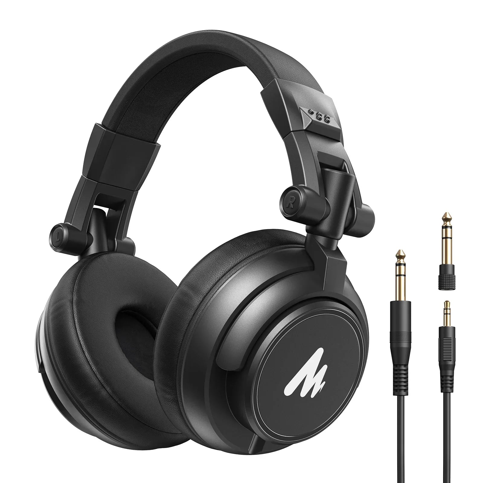 Black maono mh601 professional studio over-ear headphones with matte finish padded earcups and detachable plug for monitoring