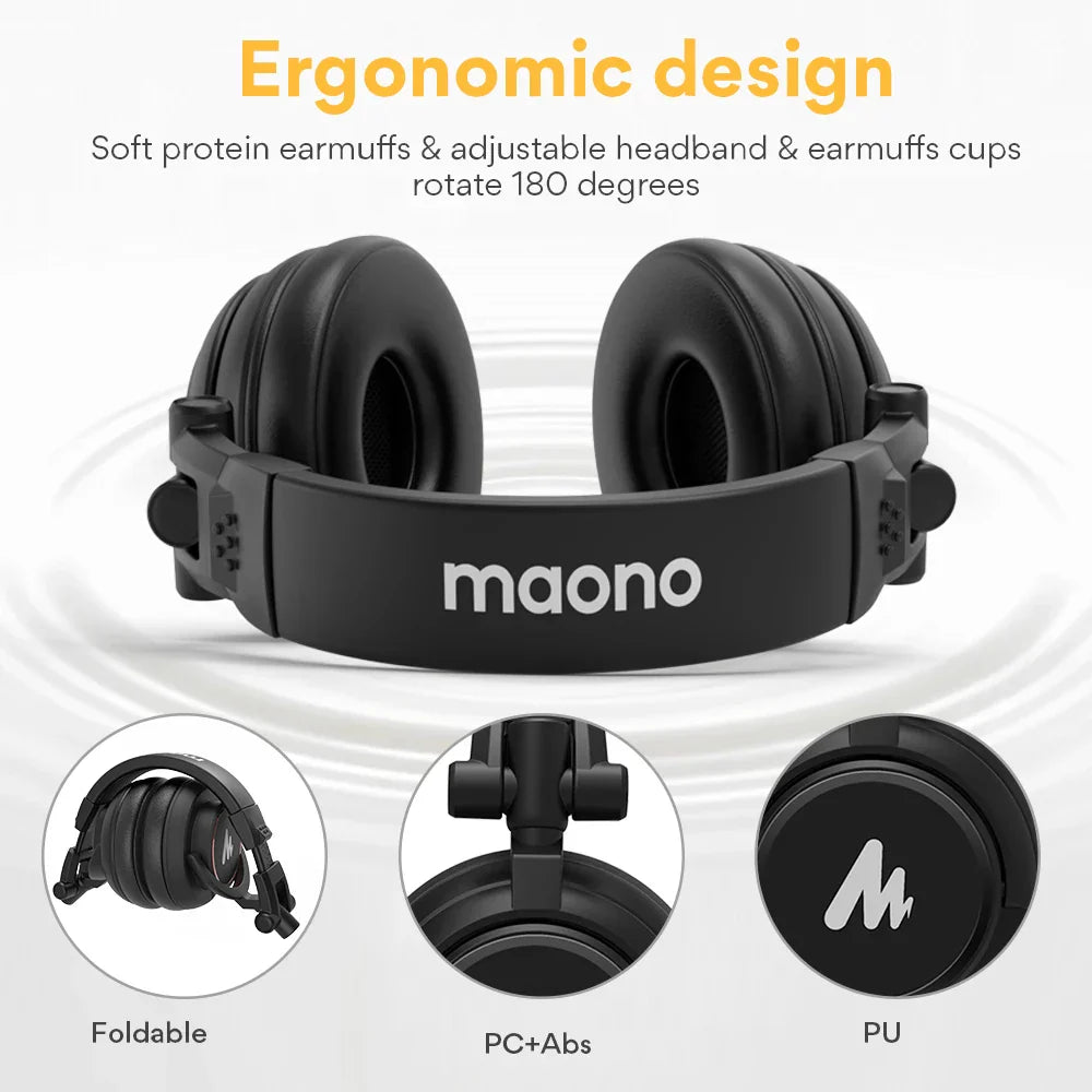 Black maono mh601 professional studio over-ear headphones with soft protein earmuffs and detachable plug for monitoring