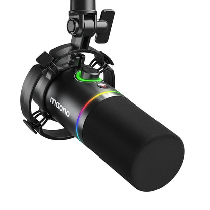 Black maono PD200X USB dynamic microphone with rainbow led ring and gain knob for gaming recording streaming and youtube metal mic