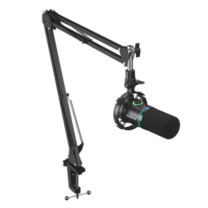 Black maono pd200x xlr usb dynamic metal mic on an articulated arm stand with gain knob for gaming recording streaming and youtube