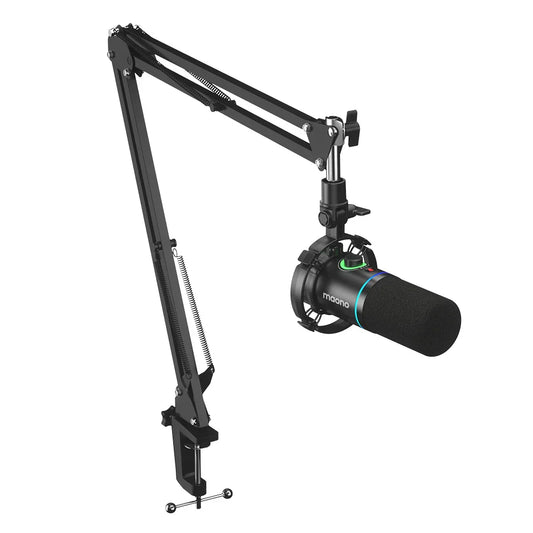 Black maono pd200x xlr usb dynamic metal mic on an articulated arm stand with gain knob for gaming recording streaming and youtube