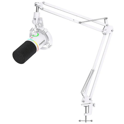 White maono PD200X metal gaming recording streaming microphone with black foam windscreen and adjustable gain knob arm clamp