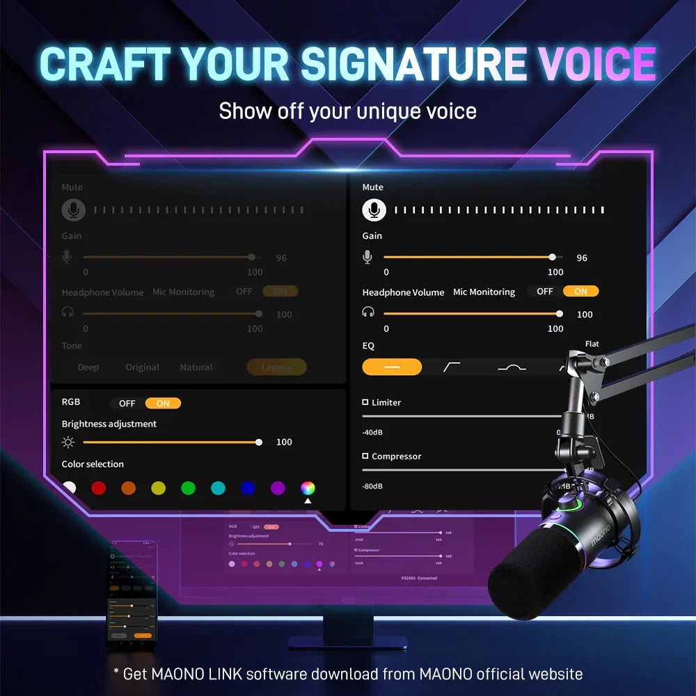 Black maono PD200X metal dynamic microphone with adjustable arm, rgb lighting, and gain knob for gaming recording streaming and youtube