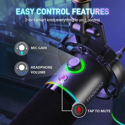 Black maono PD200X 2-in-1 smart knob youtube metal mic with glowing green and rainbow LED lights for gaming recording streaming