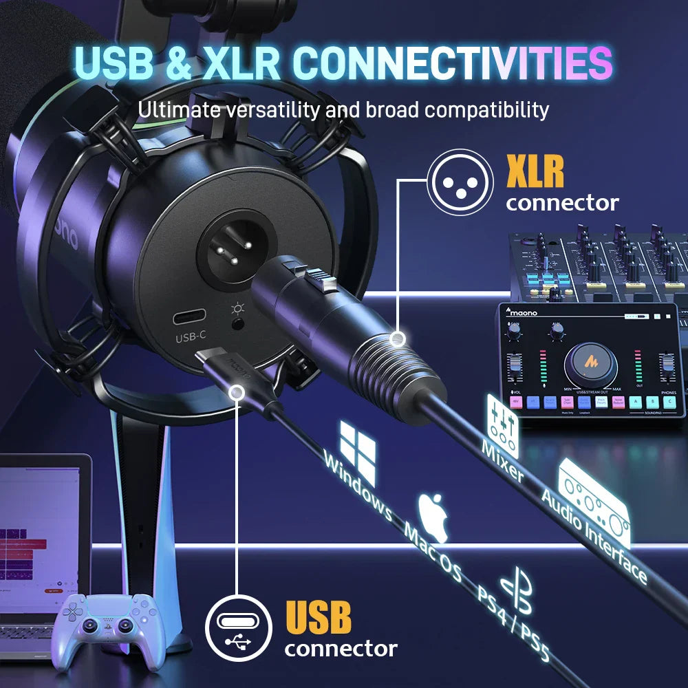 Black maono PD200X dynamic usb-c xlr condenser microphone with gain knob for gaming recording streaming youtube metal mic