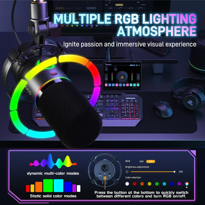 Black maono PD200X XLR USB dynamic metal mic with glowing rgb ring and gain knob for gaming recording streaming youtube