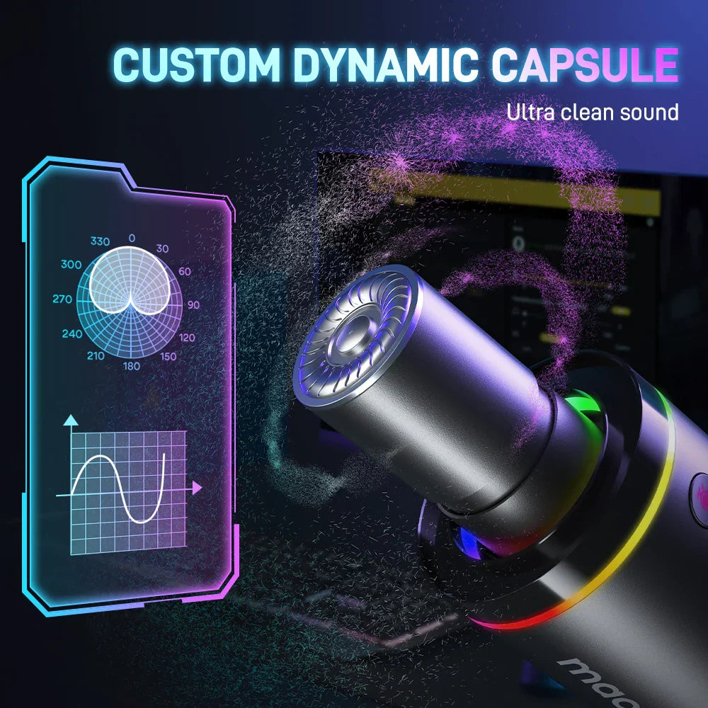 Silver metallic maono PD200X dynamic microphone with colorful led lighting accents for gaming recording streaming youtube metal mic with gain knob