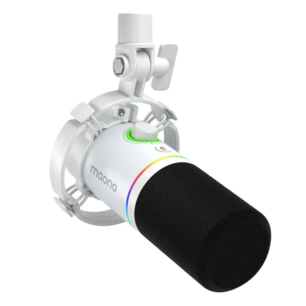 White maono PD200X XLR USB dynamic youtube metal mic with black foam windscreen rainbow led and gain knob for gaming recording streaming