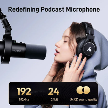 Black maono pd300x dynamic microphone xlr usb with sleek cylindrical body and adjustable stand for recording mic 192khz24bit