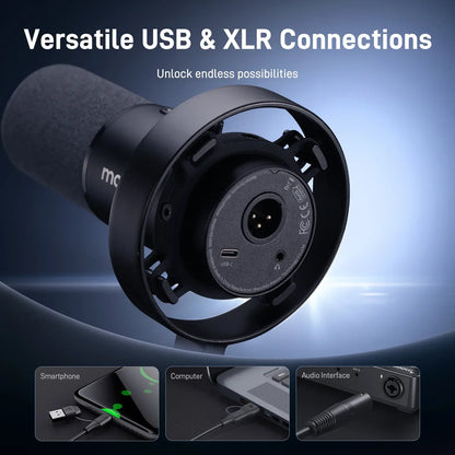 Black maono pd300x dynamic microphone xlr usb audio interface with matte finish and versatile connectivity for recording mic 192khz24bit