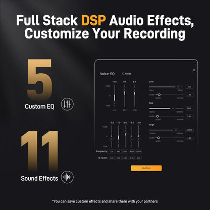 Black screen showing digital audio equalizer interface with gold text for maono pm450 usb shock mount podcasting recording premium