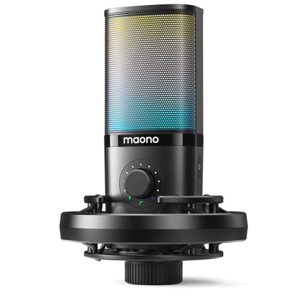 Black maono pm450 usb condenser microphone with perforated grille rgb lighting and shock mount for podcasting recording premium sound