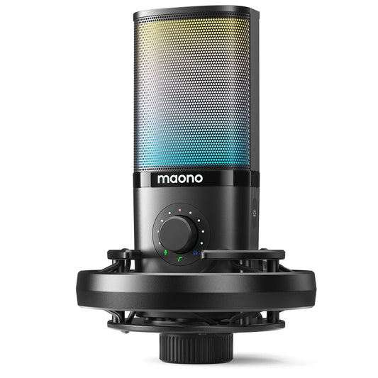 Black maono pm450 usb condenser microphone with perforated grille rgb lighting and shock mount for podcasting recording premium sound