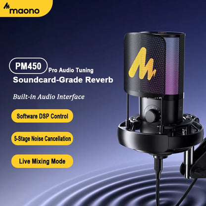 Black maono pm450 usb condenser microphone with textured grille yellow logo purple led lighting includes shock mount for podcasting recording premium sound