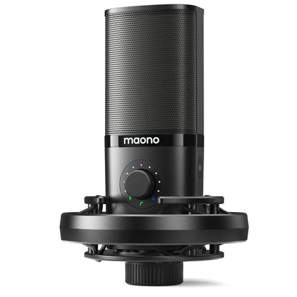 Black maono pm450 usb condenser microphone with perforated grille and control dial with shock mount for podcasting recording premium sound