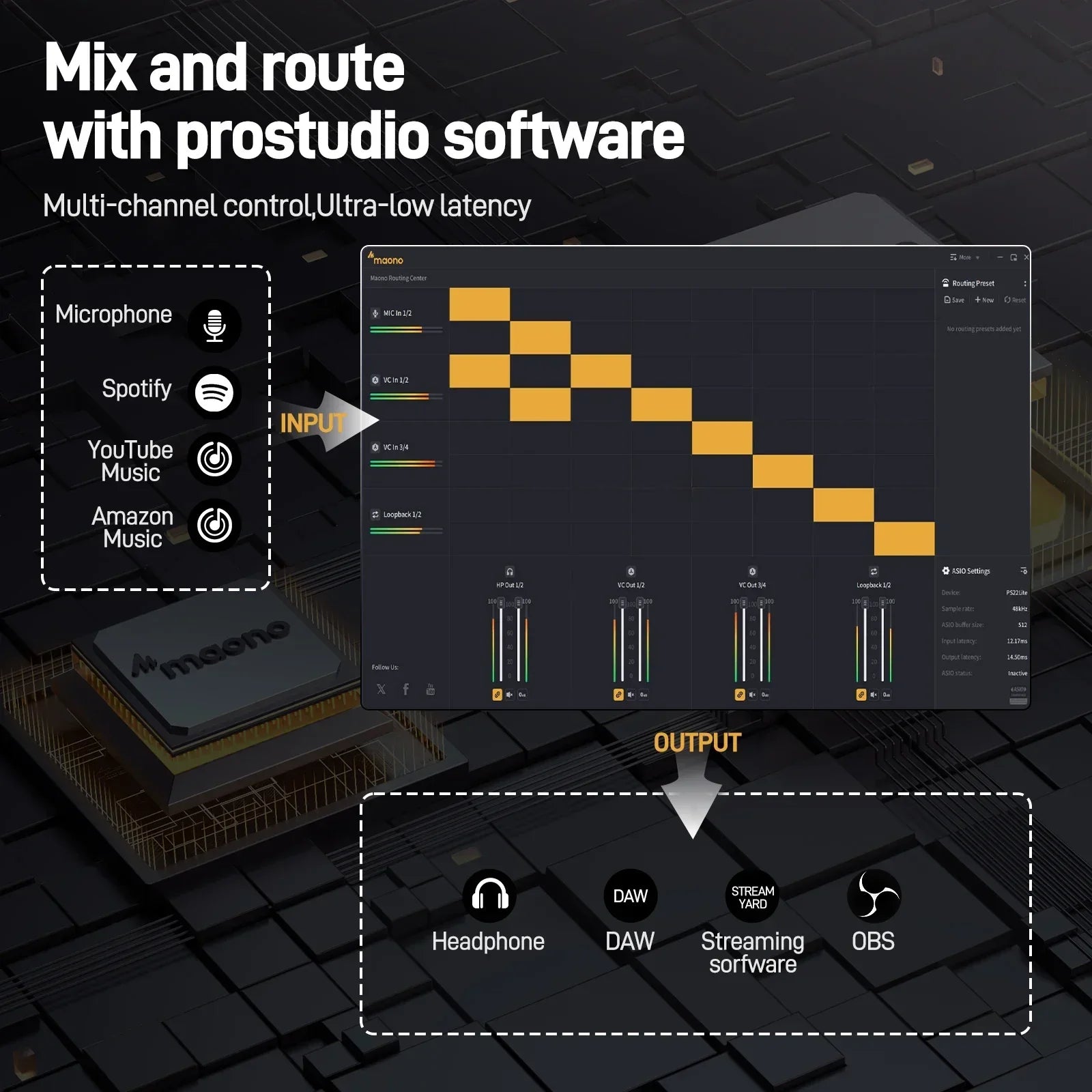 Black maono ps22 lite usb audio interface with gold connectors featuring 192khz routing software for recording music guitar