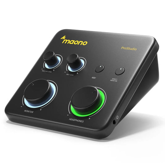 Black maono ps22 lite usb audio interface with four rotary knobs featuring 192khz routing software for recording music guitar