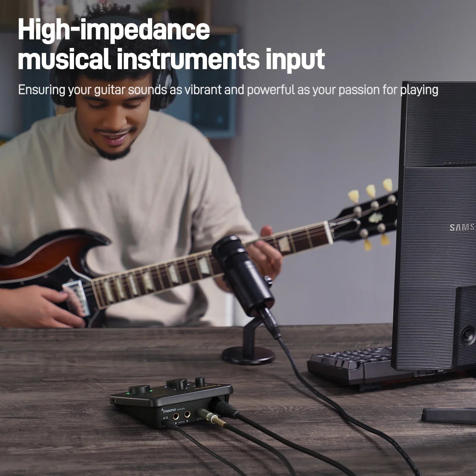 Black rectangular maono ps22 lite usb audio interface with multiple ports and 192khz routing software for recording music guitar