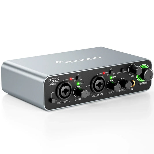 Silver maono ps22 usb audio interface with black control panel green-lit output knob and multiple input output ports