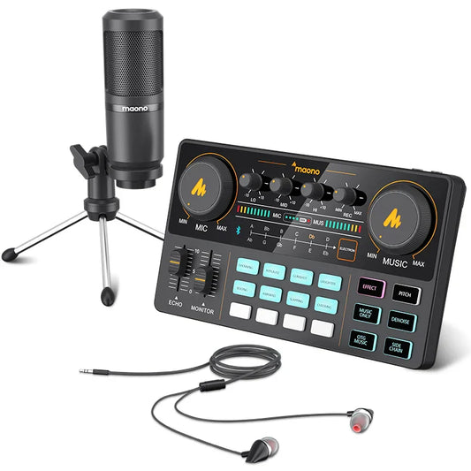 Black Maono AM200-S1 USB audio interface sound card kit with dual knobs and built-in microphone for live streaming recording