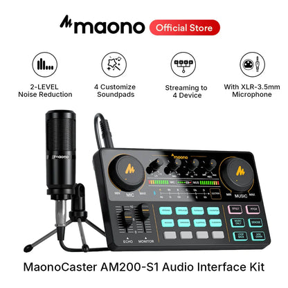 Black maonocaster am200-s1 audio interface sound card kit with matching xlr-3.5mm microphone on tripod for live streaming recording