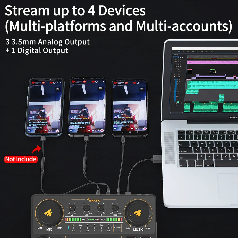 Black maono am200-s1 audio interface with gold accents and multiple ports for live streaming recording sound card kit