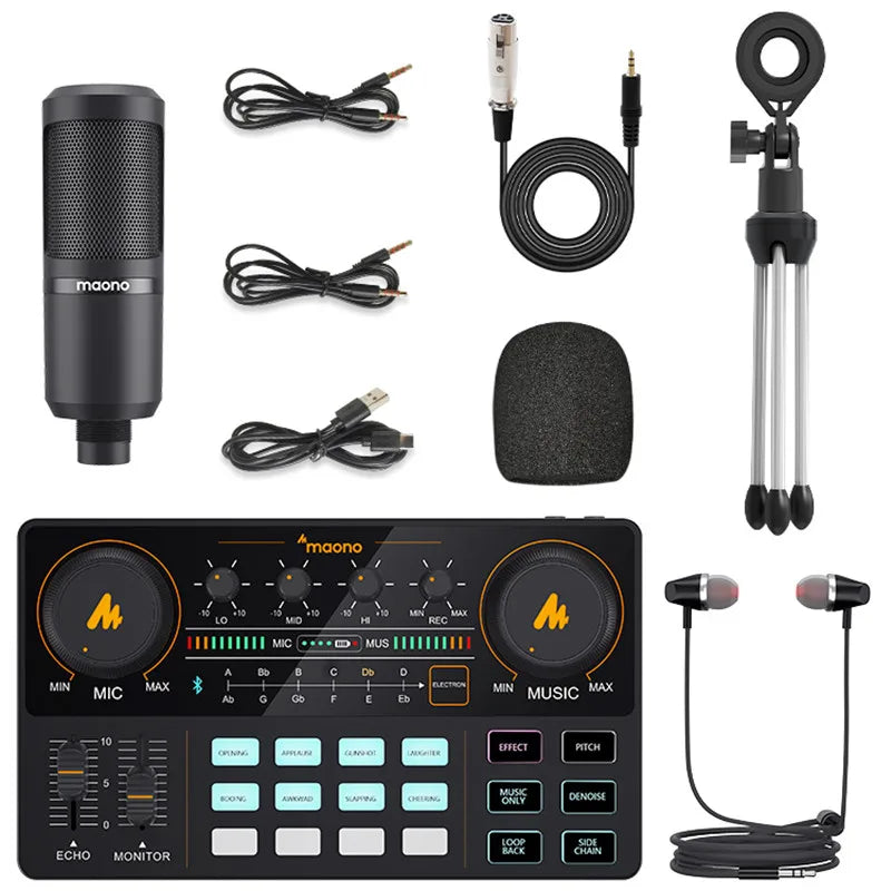 Black Maono AM200-S1 USB audio interface with dual knobs LED display and buttons for live streaming recording sound card kit