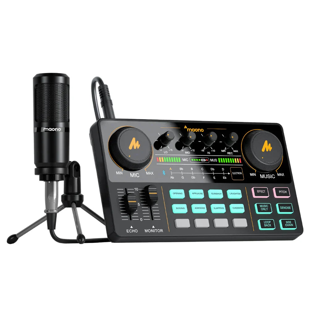 Black maono am200-s1 usb audio interface with microphone and control knobs for live streaming recording sound card kit