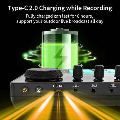 Black maonocaster am200-s1 audio interface with usb-c port and knobs for live streaming recording sound card kit