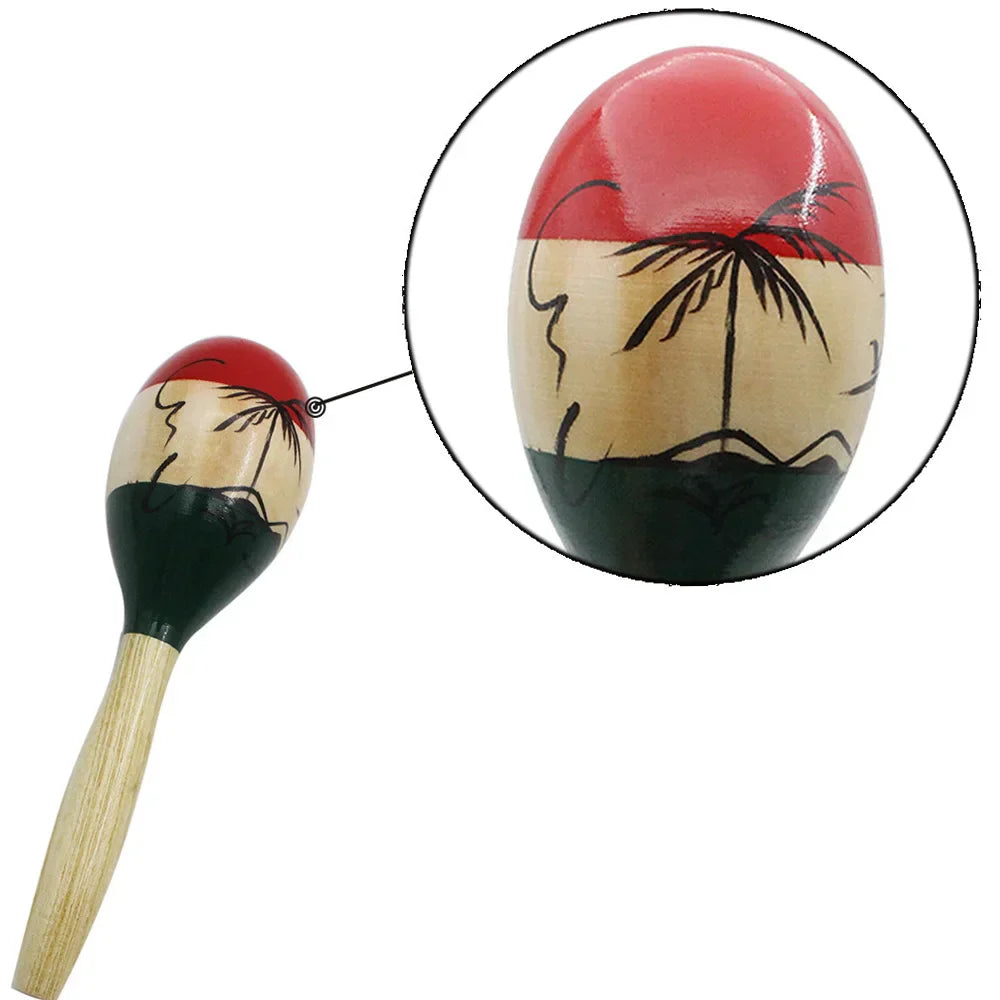 Hand-painted wooden large maracas rumba shakers with red beige and black stripes featuring palm trees for party games