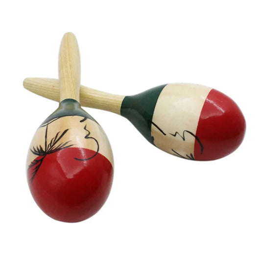 Hand-painted wooden large maracas rumba shakers with red white green stripes and black line art designs for percussion