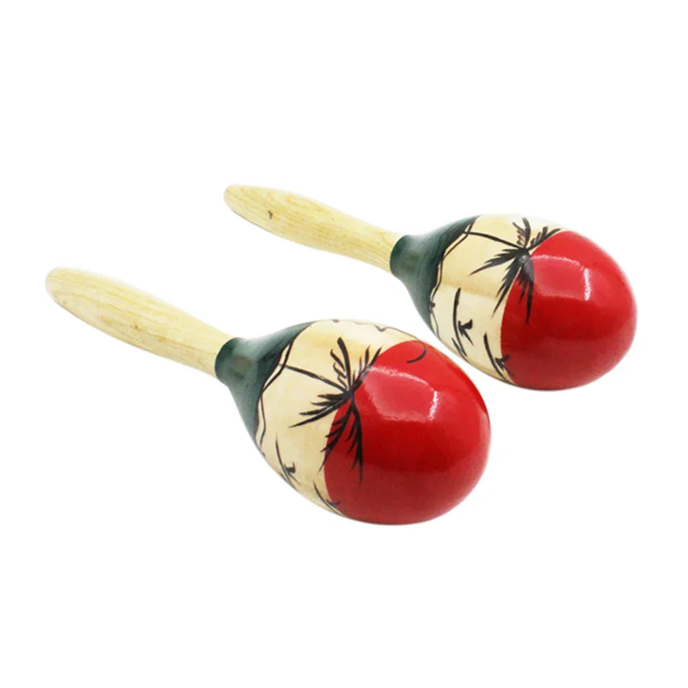 Hand-painted wooden large maracas rumba shakers with vibrant red and cream bodies and black palm tree designs