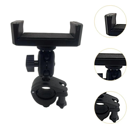 Black plastic lyre phone holder with adjustable clamp and swivel joint for sturdy marching band music use