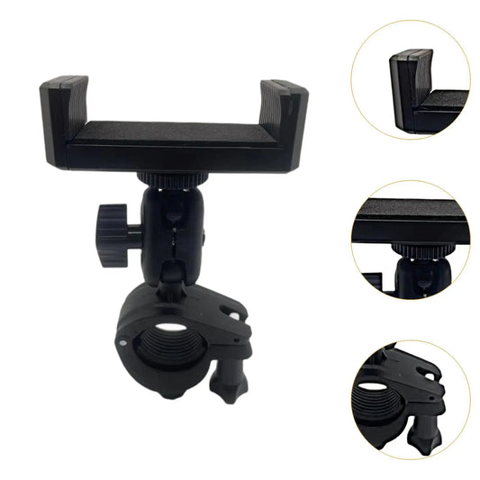 Black plastic lyre phone holder with adjustable clamp and swivel joint for sturdy marching band music use