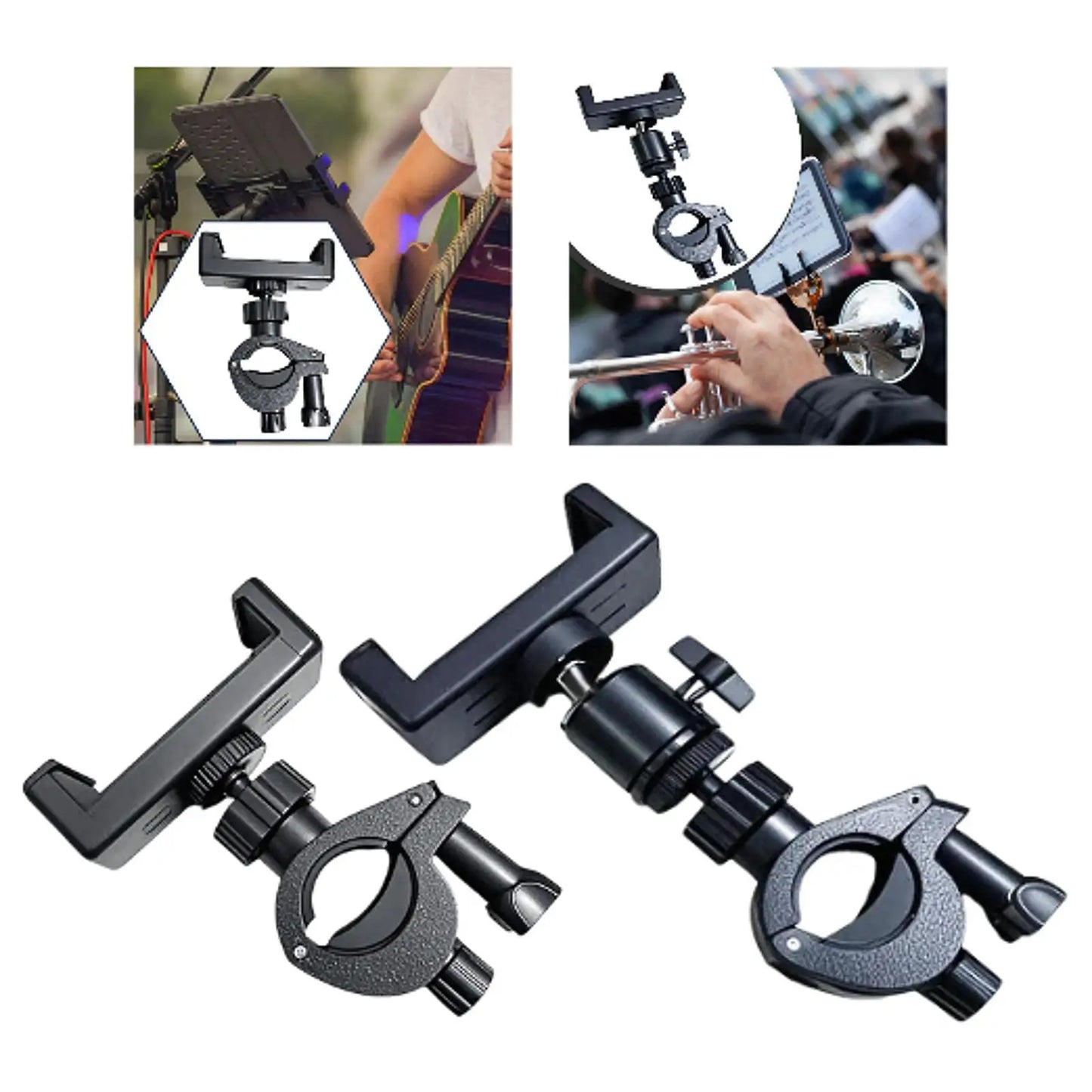 Black adjustable music lyre phone holder mount trumpet with clamp and ball joint for marching band music stands